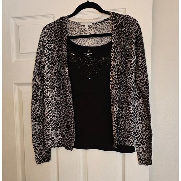 NY&CO Womens Black Tank Top & Leopard Print Long Sleeve Cardigan Set M Romantic - Picture 1 of 12